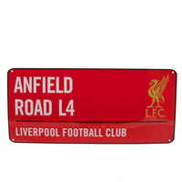 Liverpool FC metalskilt i gadeskilt-design med Anfield Road L4 og Liverbird-logo
