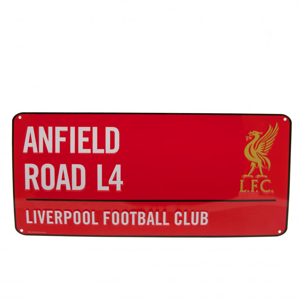 Liverpool FC metalskilt i gadeskilt-design med Anfield Road L4 og Liverbird-logo
