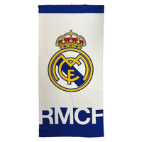 Real Madrid mikrofiberhåndklæde med stort logo, blå kanter og RMCF