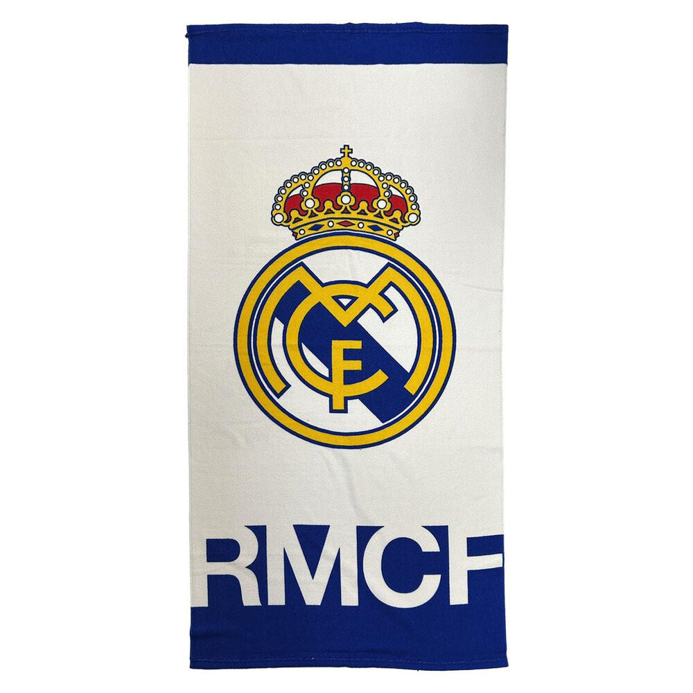 Real Madrid mikrofiberhåndklæde med stort logo, blå kanter og RMCF