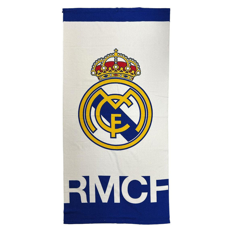 Real Madrid mikrofiberhåndklæde med stort logo, blå kanter og RMCF
