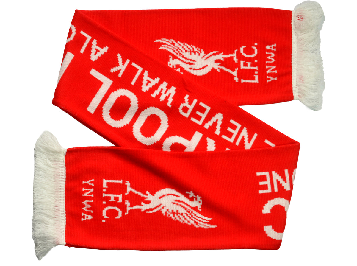 Liverpool FC halstørklæde i rødt og hvidt design med Liverbird-logo og YNWA-tekst
