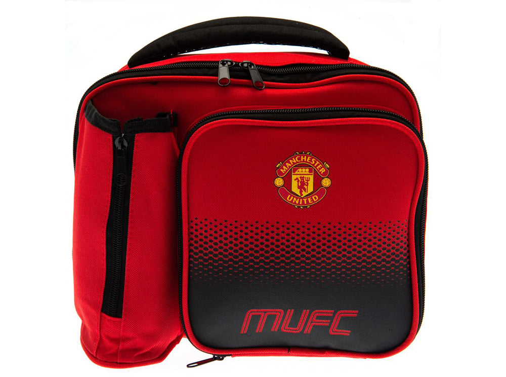 Manchester United madtaske i rødt og sort fade-design med logo og MUFC-tekst