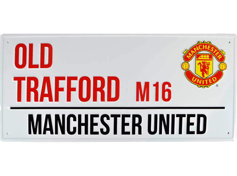 Manchester United metalskilt i gadeskilt-design med Old Trafford og M16