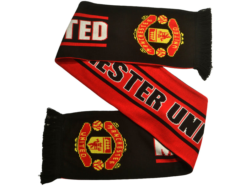 Manchester United halstørklæde i rødt og sort design med logo og klubtekst